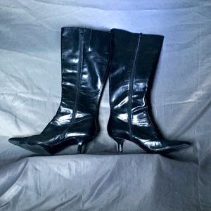 Nine West black leather knee high pointed toe boots